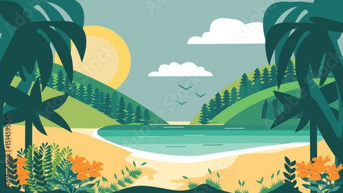 Vector illustration of a tropical sea vacation with beach, sun, and a relaxing summer vibe in flat design style