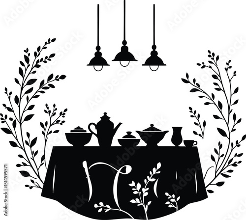 Black and white vector illustration of a dining table set with a teapot, dishes, a cup, and other items, elegantly framed by decorative floral branches, with three pendant lights hanging above, design