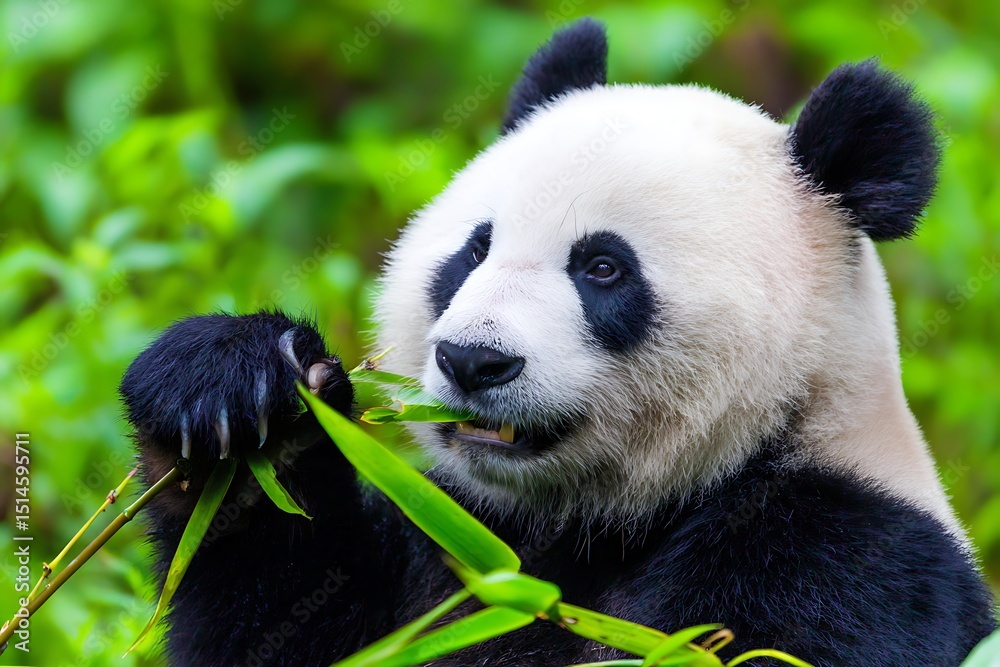 Naklejka premium Giant panda enjoys bamboo leaf snack