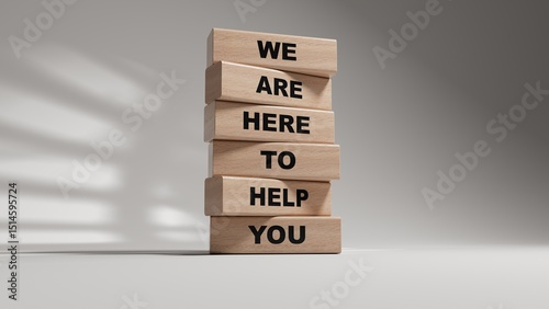 We are here to help you symbol. Concept words we are here to help you on wooden blocks.Business and we are here to help you concept.3D rendering on white background.