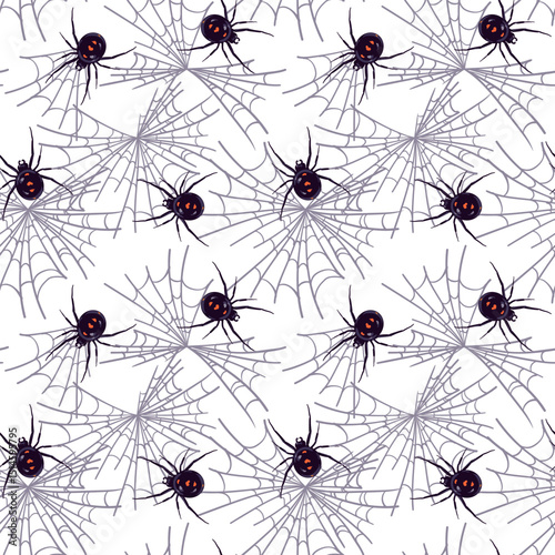 Spider black widow Latrodectus occidentalis hangs on a web. Black spider with red spots in flat style. Dangerous poisonous insect on a white background. Vector seamless pattern for Halloween.