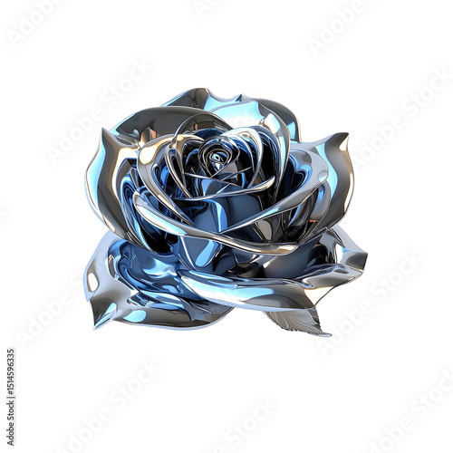 Stunning chrome rose metal flower 3d render abstract on transparent background