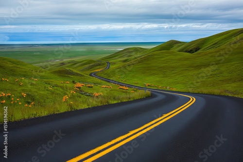 Scenic winding road through vibrant green hills with wildflowers and a cloudy sky, road, winding road, landscape, green hills, nature, scenic, travel, journey, adventure, california, wildflowers, yell