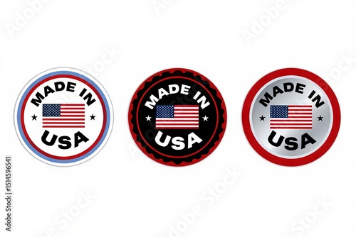 Three circular made in usa badges featuring the american flag on a white background, made in usa, usa, american flag, flag, badge, emblem, sticker, label, patriotic, patriot, united states, america, r