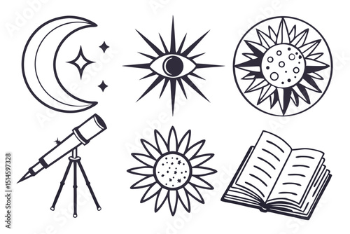 outlined celestial and mystical drawings isolated on white background.