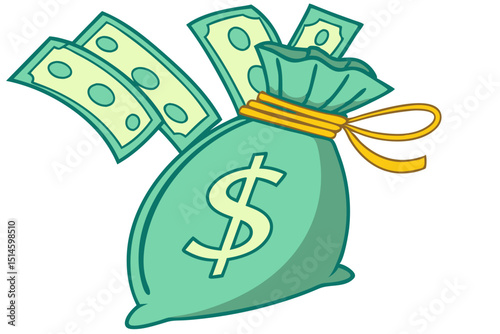 green money bag with dollar sign and cash illustration isolated on white background.