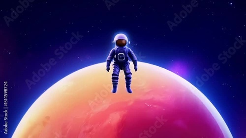 Overhead, static shot: A flat vector astronaut floats near a stylized planet with a cosmic background. Gradient lighting and HDR starscape create a vibrant, otherworldly atmosphere