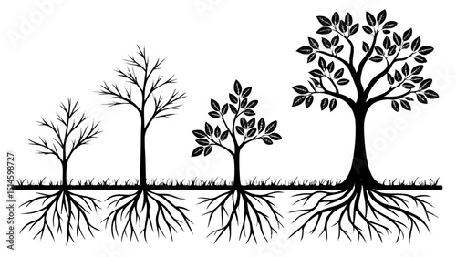 set of silhouettes of trees isolated on white background.