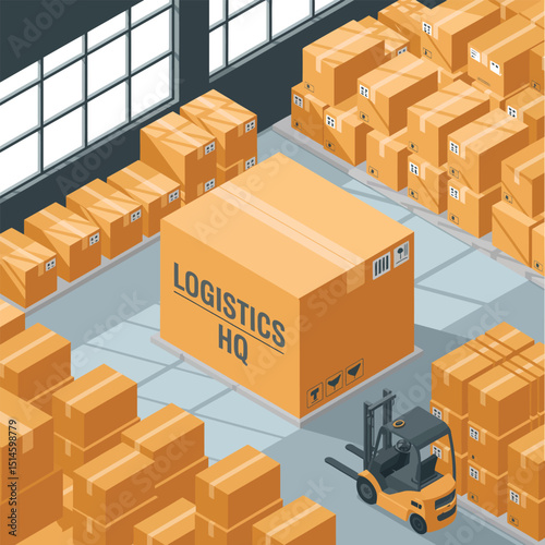 Warehouse Logistics with Stacked Cardboard Boxes and Forklift in Modern Distribution Center, Efficient Supply Chain Management and Inventory Control