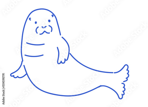 Seal lying on side with flippers extended. Simple blue line art illustration on white background.