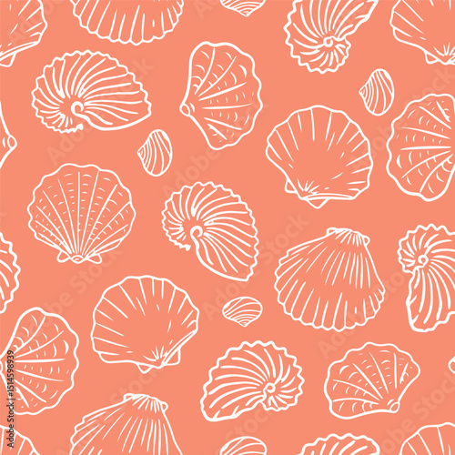Seamless pattern with various outlined sea shells on a coral background. Hand-drawn vector illustration. 