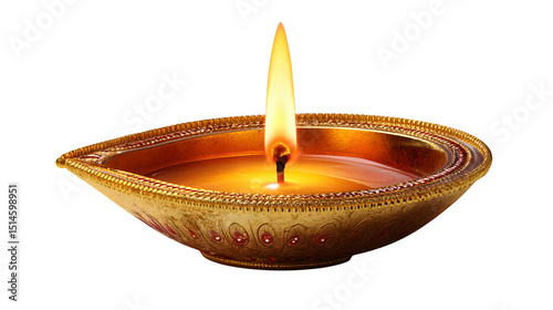 Diwali diya lamp with flame, isolated on Transparent background