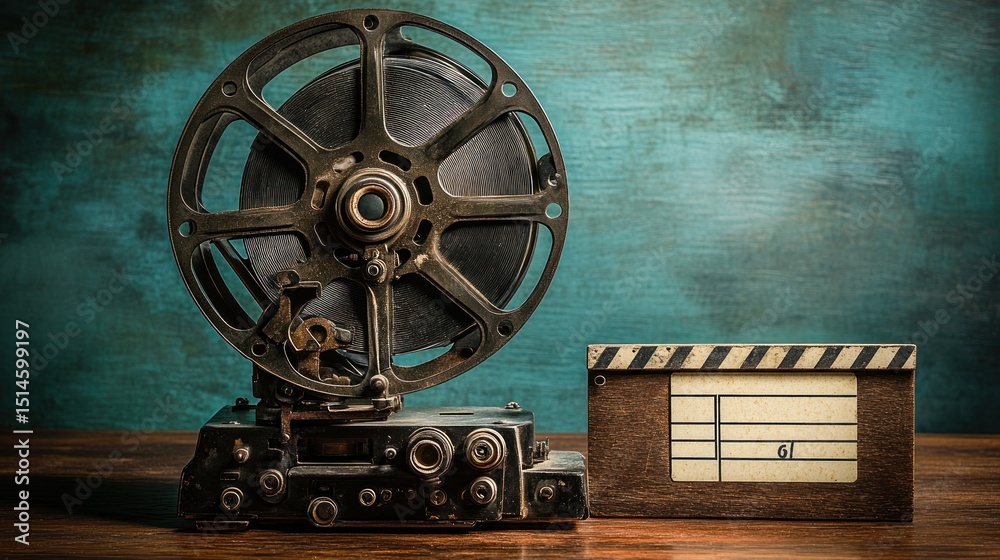 Fototapeta premium Vintage film reel and clapperboard on wooden surface