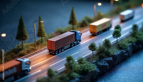 Miniature illustration of trucks carrying shipping containers along a highway
