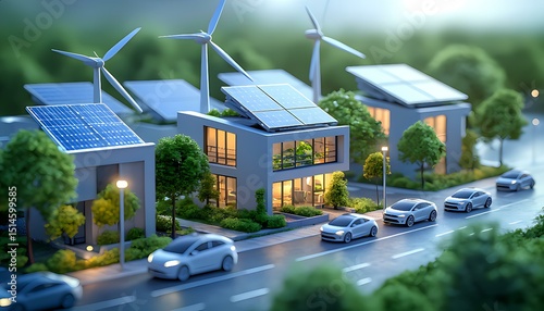 Miniature illustration of modern eco-friendly houses with solar panels and wind turbines in a green neighborhood