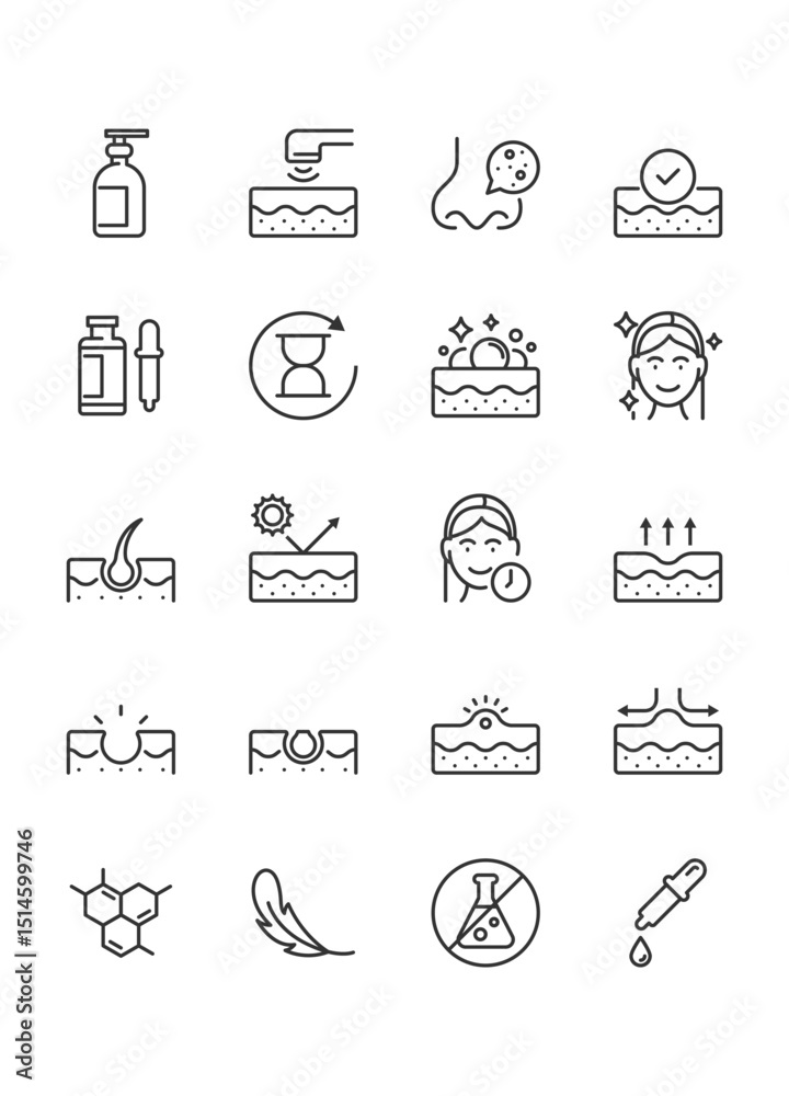 Fototapeta premium Set of skincare icons, epidermis, and skin health