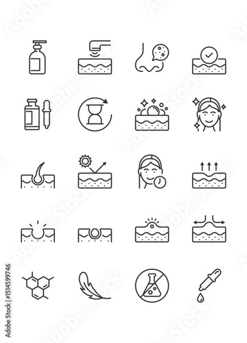 Set of skincare icons, epidermis, and skin health