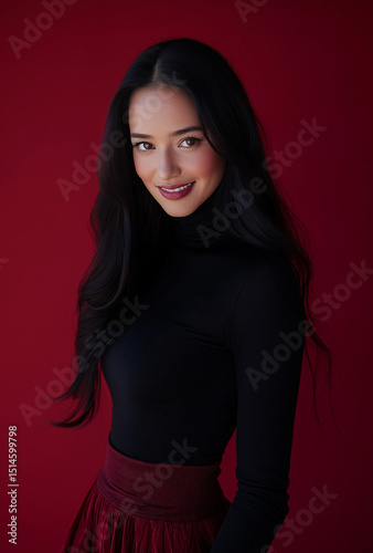 Studio Portrait of a Beautiful Woman in Black Turtleneck and Burgundy Skirt – High-Resolution, Professional Lighting, Sharp Focus, Fashion Photography, Bold Red Background