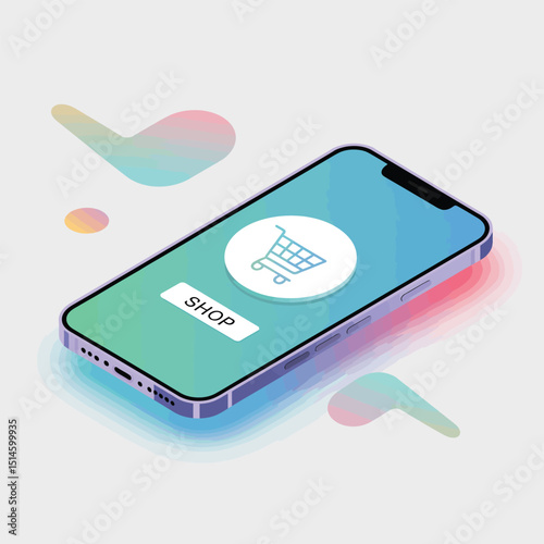 Isometric Smartphone Displaying Shop Button with Shopping Cart Icon, Modern Mobile Commerce and Digital Retail Concept