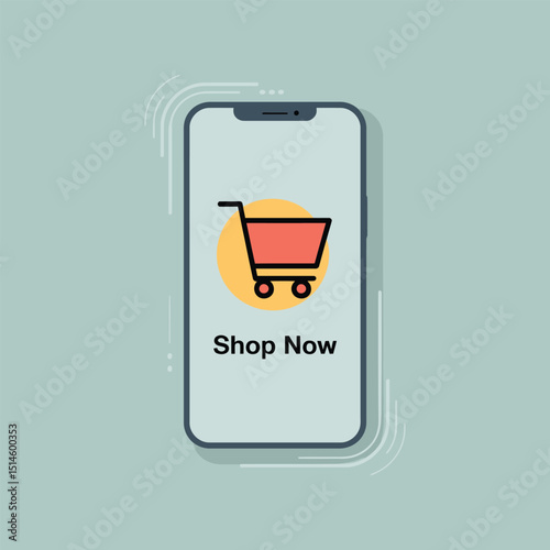 Smartphone Screen Displaying Shopping Cart Icon and ‘Shop Now’ Call to Action, Mobile E-commerce Application Interface