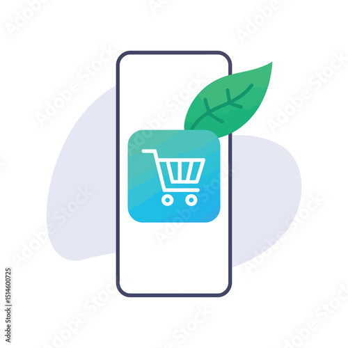 Smartphone with Shopping Cart Icon and Green Leaf, Symbolizing Eco-Friendly Mobile Shopping Application