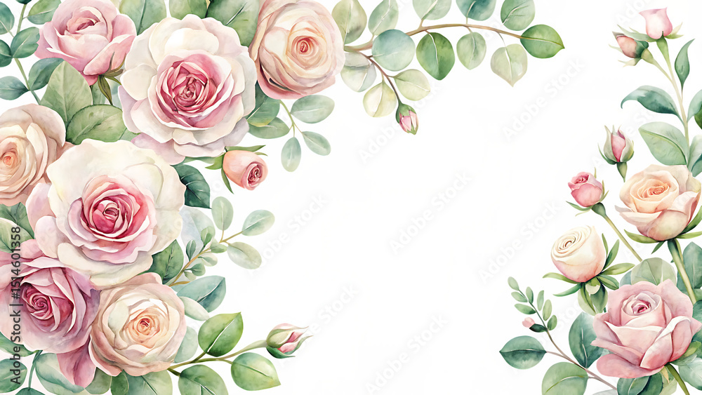 Fototapeta premium Watercolor Floral Frame with Pink Roses and Eucalyptus Leaves Perfect for Wedding Invitations Cards and Other Creative Projects with a Romantic Touch