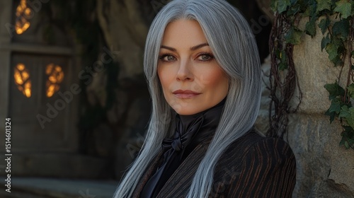 A woman with grey hair in a suit, looking at the camera while standing in front of an ancient stone building, with vines creeping up the walls and glowing runes subtly carved into the stone.