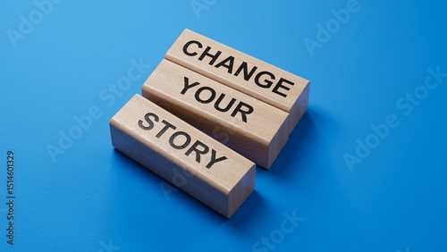 Change your story symbol. Concept words Change your story on wooden blocks.  Business finacial and change your story concept. Copy space.3D rendering on blue background.