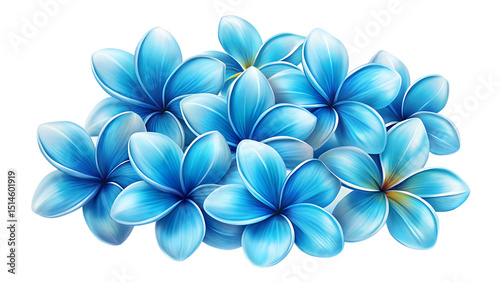 Elegant Arrangement of Light Blue Plumeria Flowers on a Black Background Perfect for Tropical Themes and Designs with a Soft Dreamy Aesthetic
