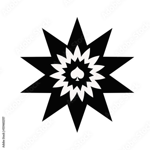 Spade Symbol Within a Starburst Pattern | Bold Black and White Design for Branding, Logo, Gaming, and Abstract Art