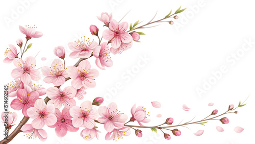 Watercolor Cherry Blossom Branch Corner Arrangement with Pink Flowers Buds and Petals on a Black Background for Spring and Asian Designs