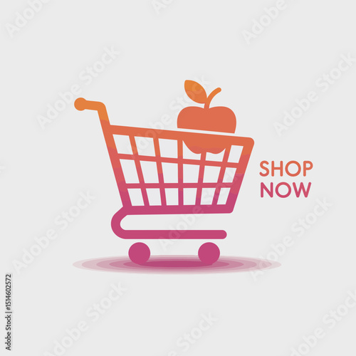 Gradient Shopping Cart Icon with Apple and 'Shop Now' Text, Modern Online Shopping and Retail Concept Illustration for E-commerce and Grocery Store Promotions
