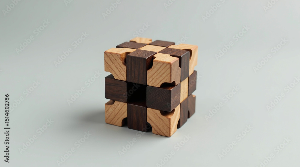 Obraz premium A Multi-Toned Wooden Interlocking Cube Puzzle with a Central Void