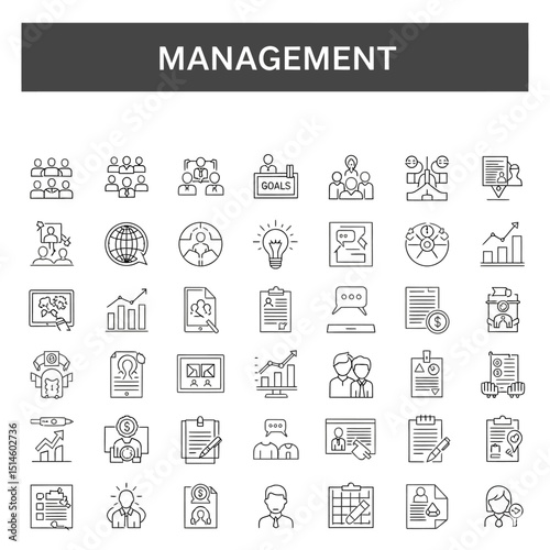 Management icons showcasing teamwork, goals, communication, and business strategies in a clean design