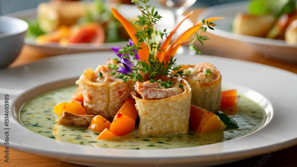 close up spring roll serve in fine dining style 