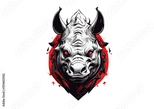 Fierce Rhino Head Illustration Powerful Beast, Red Circle, White Horns, Angry Eyes, Graphic Design