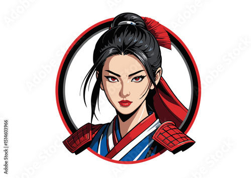 Stunning Anime-Style Illustration of a Female Samurai Warrior Bold Red and Blue Kimono, Fierce Gaze, and High Ponytail