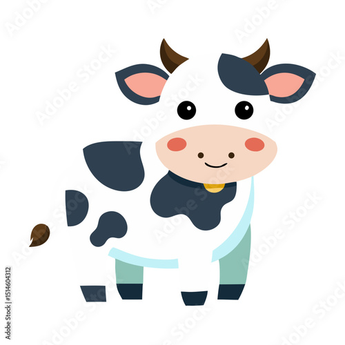 a friendly dairy cow with black and white spotted pattern, pink nose, small horns, and a cheerful smiling expression, depicted in a simple, child-friendly style.