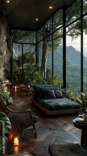 Ultra-realistic interior of the interior of a sumptuous living room with teakwood floors, rattan furnishings, and lush jungle vistas within a mystical jungle clearing in Phang Nga.
