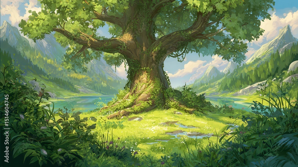 Obraz premium A clean, flat 2D illustration of a lush, vibrant spring meadow with a massive, thriving tree positioned prominently at the center. The tree's branches are densely covered with.