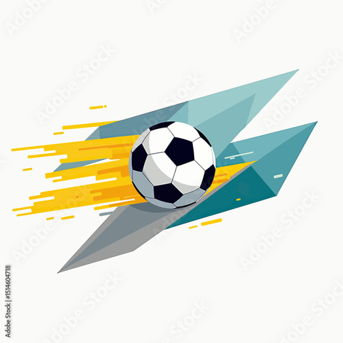 Capture the intense speed and agility of soccer with this dynamic abstract geometric illustration featuring a soccer ball streaking across sharp blue and grey shapes with yellow motion lines on a whit