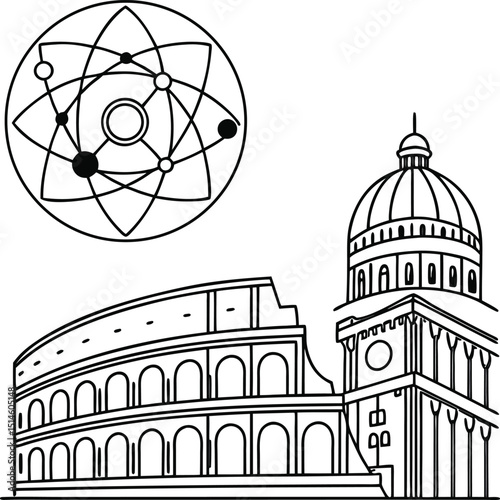 Vector set of ancient European city landmarks featuring architectural domes and basilicas