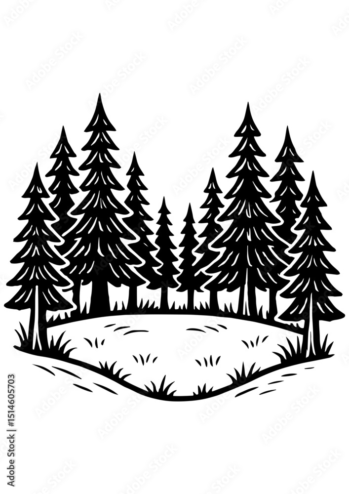 Obraz premium Black and white forest landscape with path, perfect for engraving, print, logo, book illustration, and creative projects