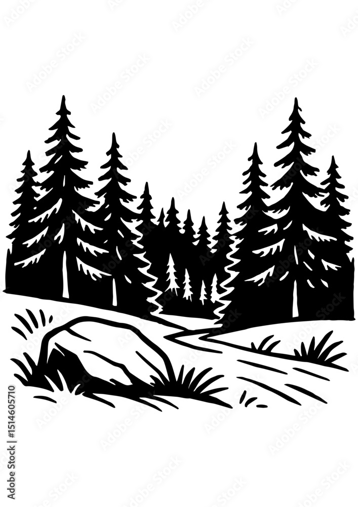 Black and white forest landscape with path and stone. Perfect for engraving, laser cutting, print, logo, book illustration, and clipart use Black and white forest landscape with path and stone. Perfect for engraving, laser cutting, print, logo, book illustration, and clipart use