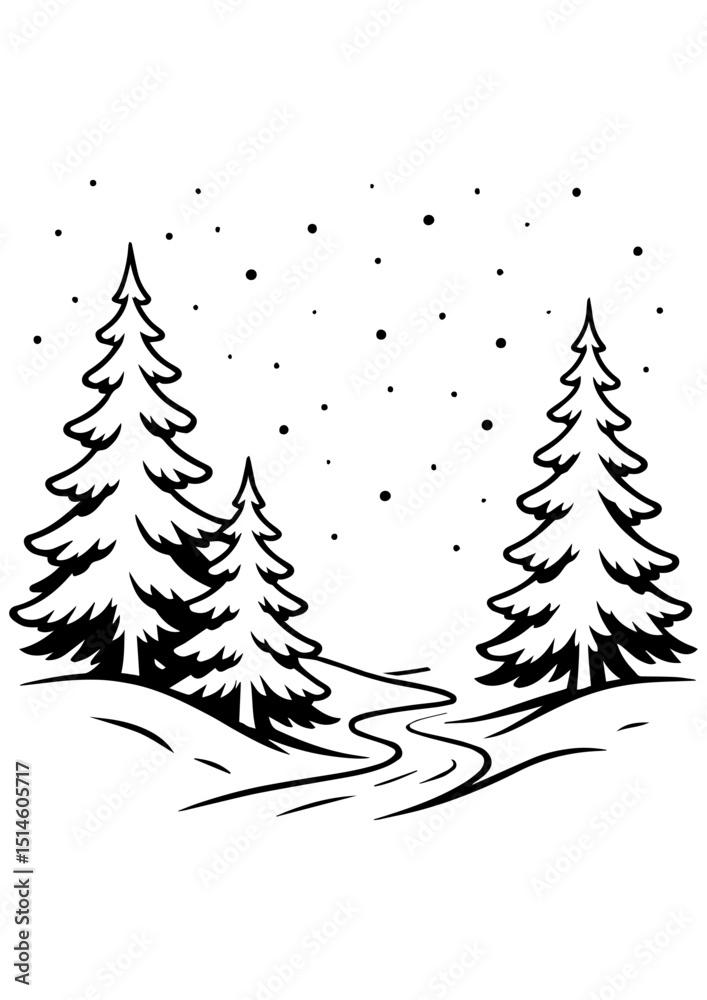 Obraz premium Black and white winter forest landscape with snow and path. Ideal for engraving, laser cutting, logo, print, book art, and creative projects
