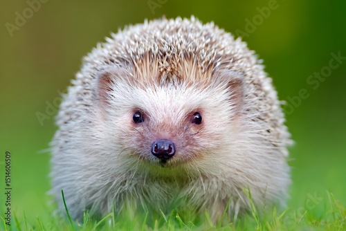 Adorable hedgehog on a green background photo