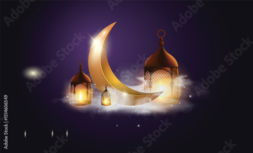Muslim feast of the holy month of Ramadan Kareem. Gold moon with cloud. Vector illustration design.