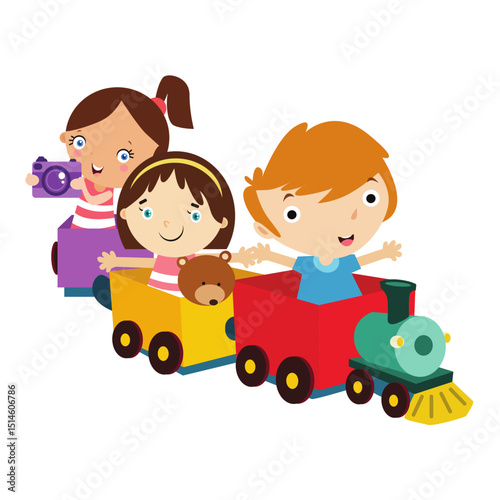 Joyride Adventure: Three young children embark on a colorful train ride, capturing a moment of pure childhood joy. Their playful exploration promises boundless fun and creativity