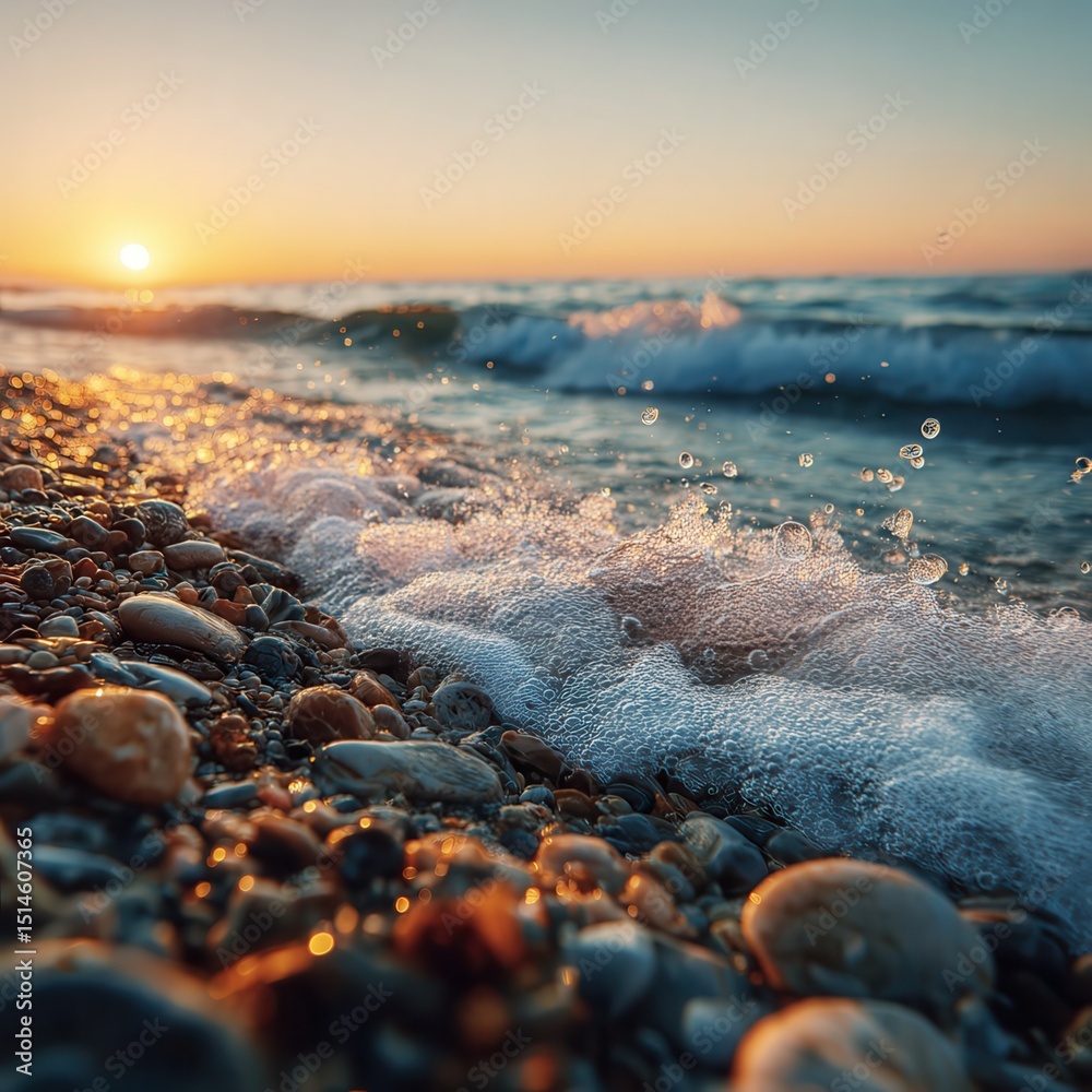 Obraz premium Sunrise Over a Pebble Beach Calm Ocean Waves and Golden Light.