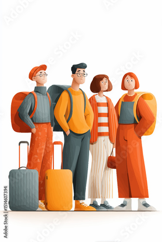 Travel Illustration Four Friends Ready for Adventure